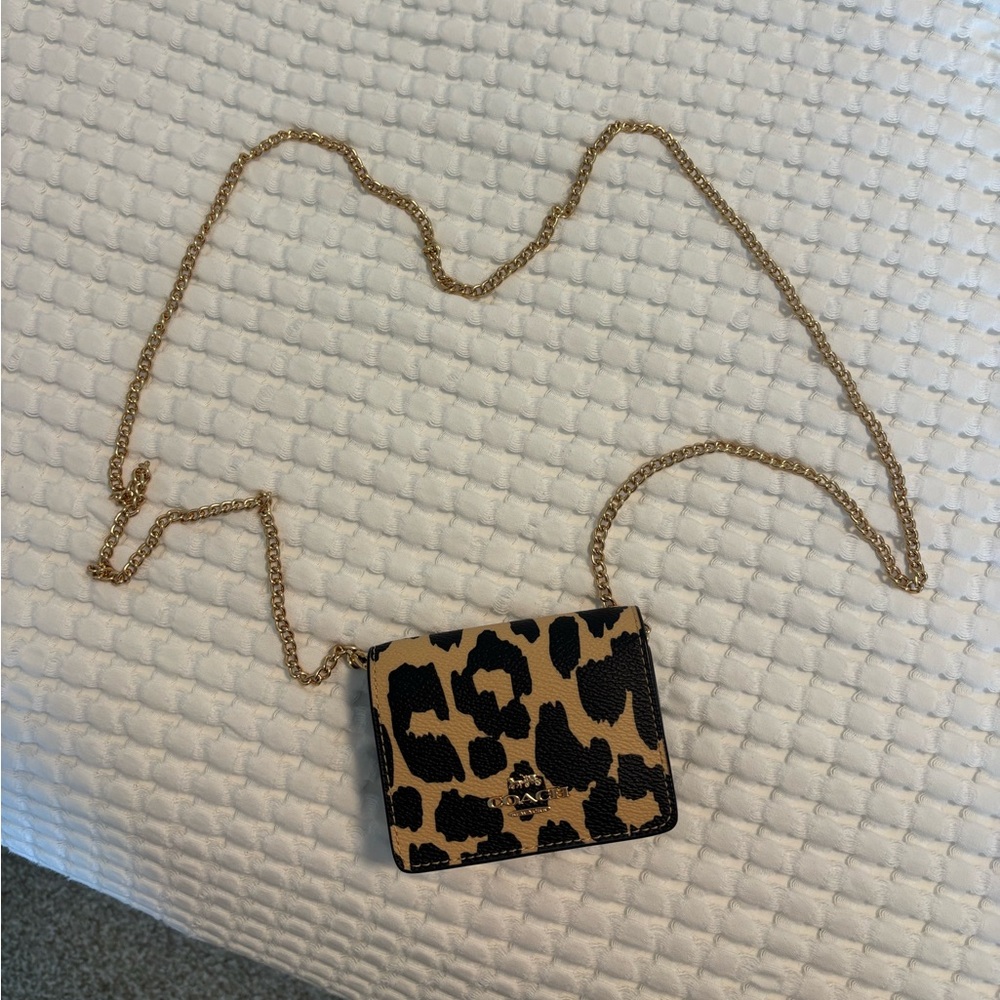 Coach Leopard Print Mini Wallet with Gold Chain